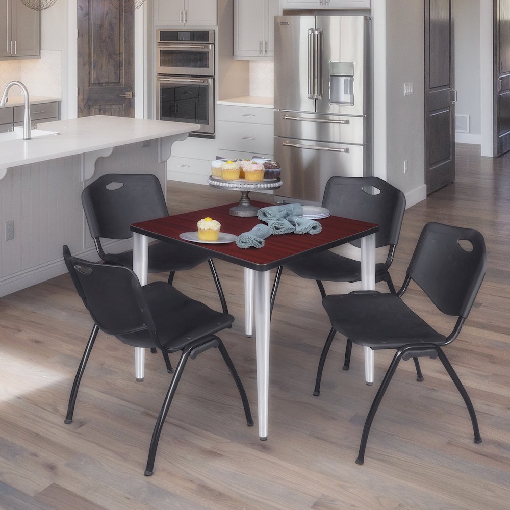 30 Square Breakroom Table- Mahogany Top, Chrome Base & 4 M Stack Chairs- Black. Picture 9