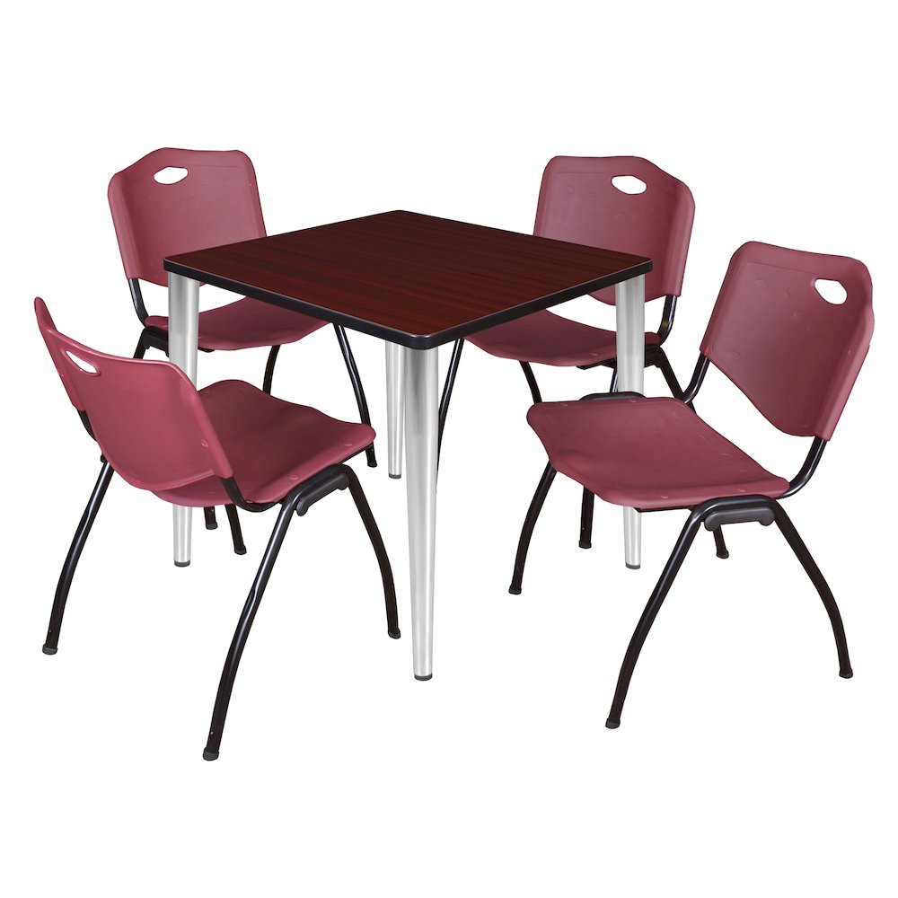 30 Square Breakroom Table- Mahogany Top, Chrome Base, 4 M Stack Chairs- Burgundy. Picture 1
