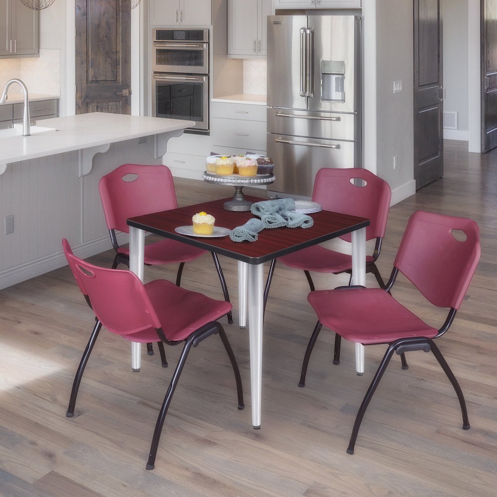 30 Square Breakroom Table- Mahogany Top, Chrome Base, 4 M Stack Chairs- Burgundy. Picture 9
