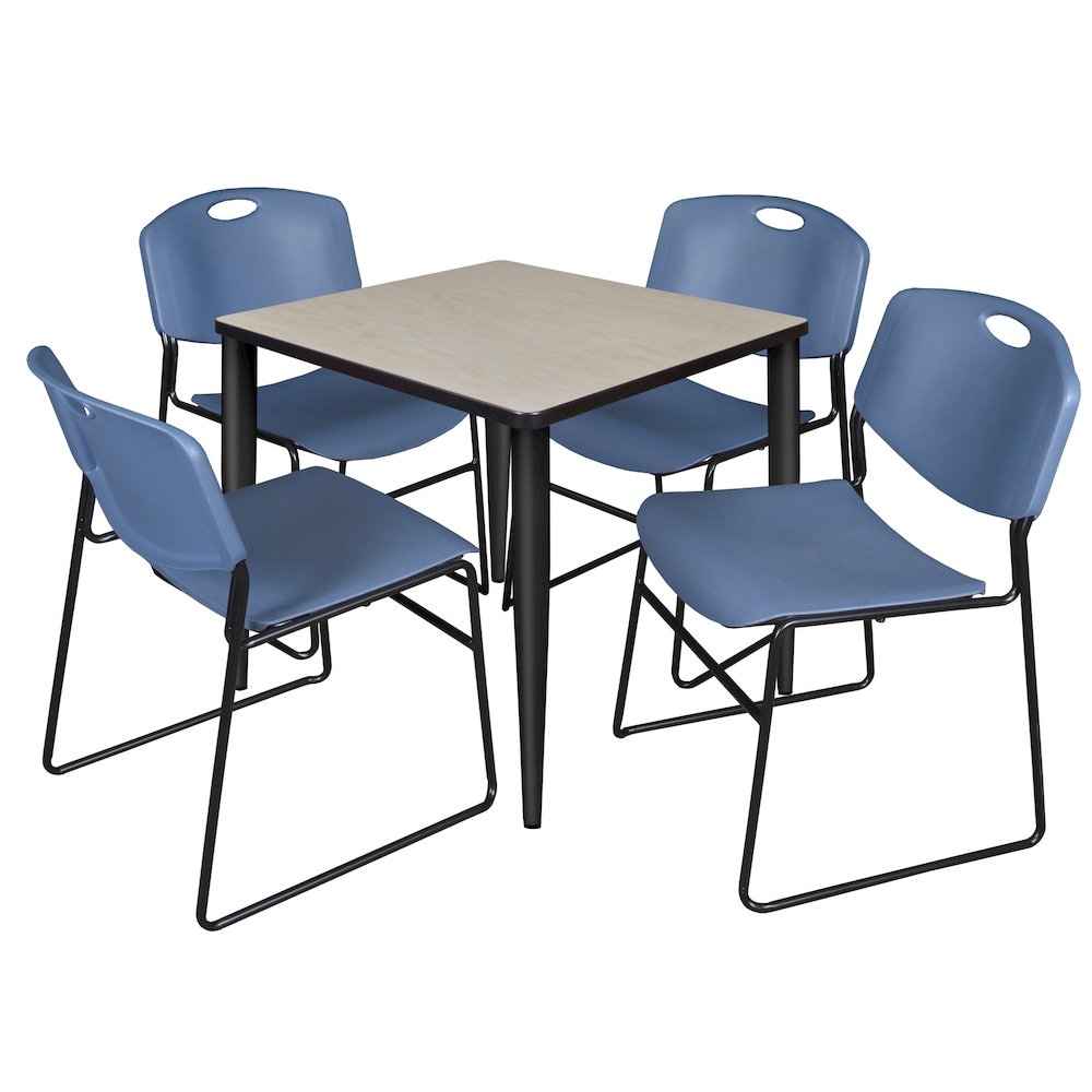 30 in. Square Breakroom Table- Maple Top, Black Base & 4 Zeng Stack Chairs- Blue. Picture 1