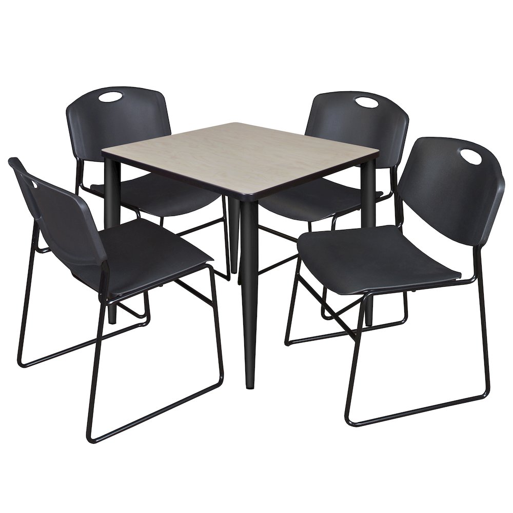 30 Square Breakroom Table- Maple Top, Black Base & 4 Zeng Stack Chairs- Black. Picture 1