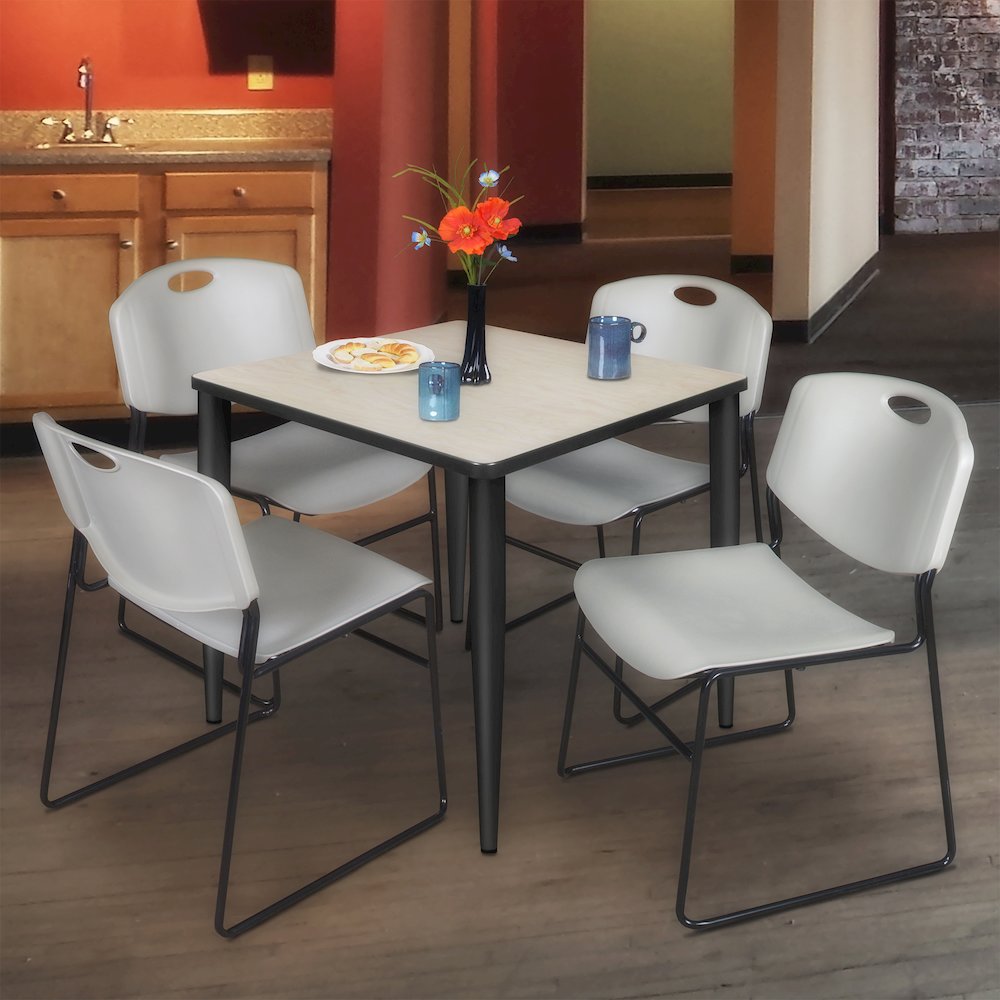 30 in. Square Breakroom Table- Maple Top, Black Base & 4 Zeng Stack Chairs- Grey. Picture 9