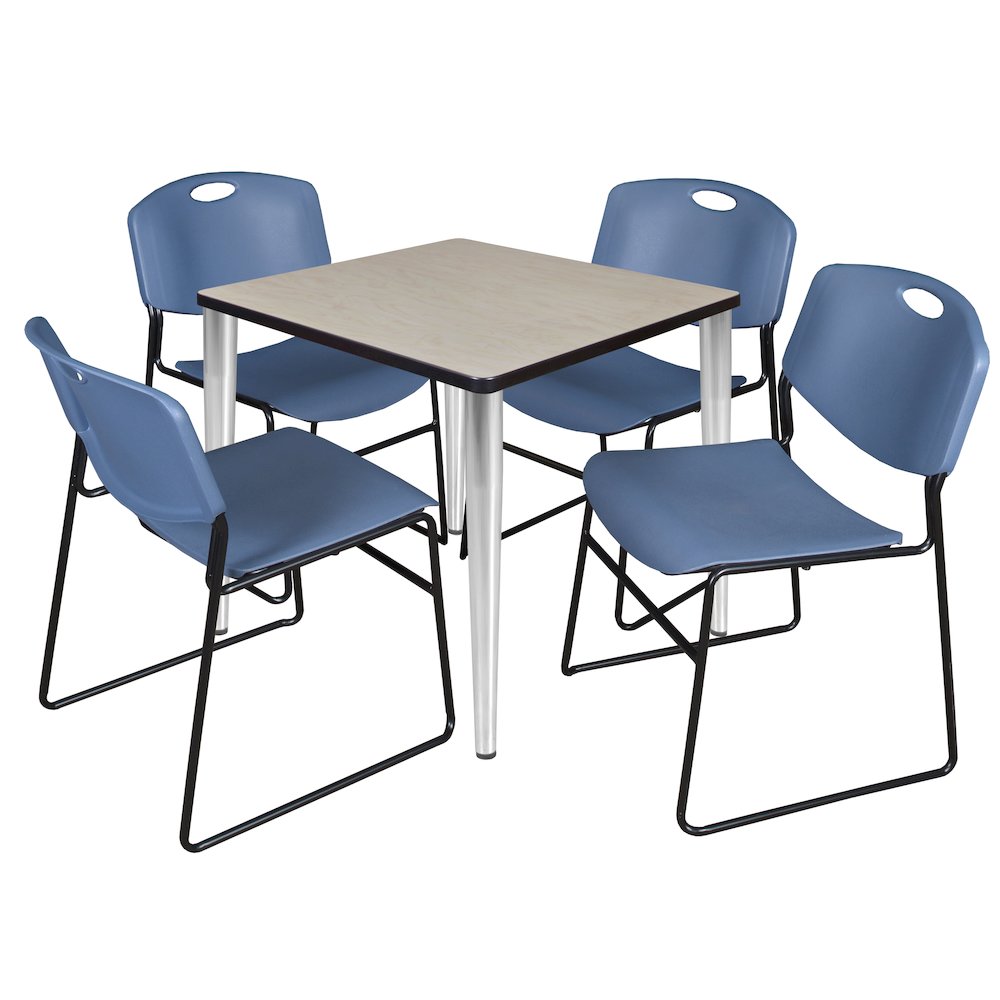30 Square Breakroom Table- Maple Top, Chrome Base & 4 Zeng Stack Chairs- Blue. Picture 1
