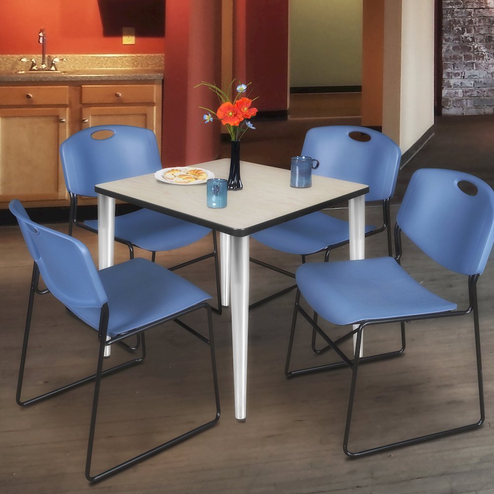 30 Square Breakroom Table- Maple Top, Chrome Base & 4 Zeng Stack Chairs- Blue. Picture 9