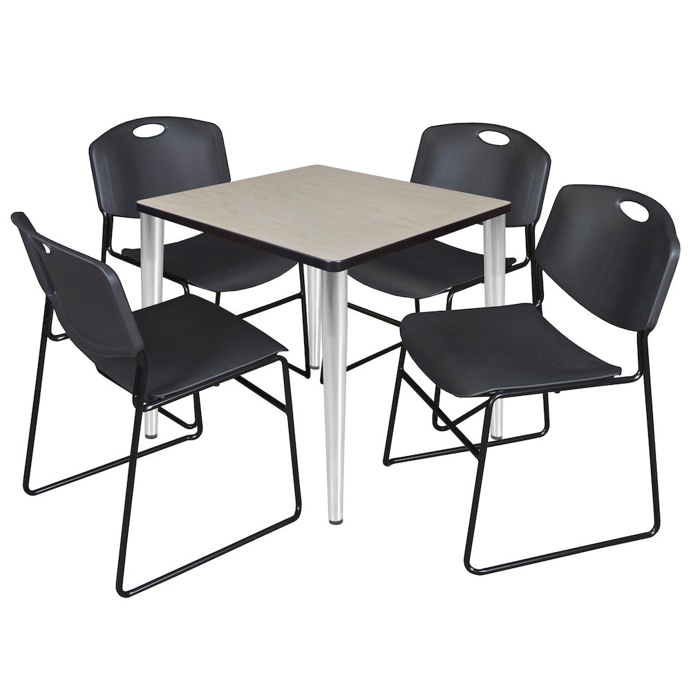 30 Square Breakroom Table- Maple Top, Chrome Base & 4 Zeng Stack Chairs- Black. Picture 1