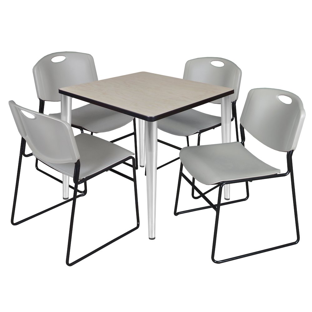30 Square Breakroom Table- Maple Top, Chrome Base & 4 Zeng Stack Chairs- Grey. Picture 1