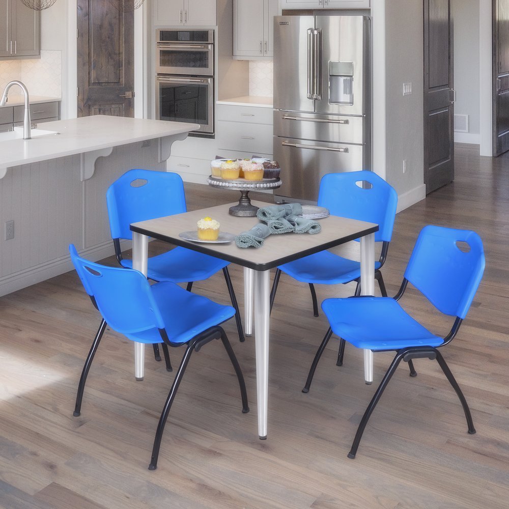 30 in. Square Breakroom Table- Maple Top, Chrome Base & 4 M Stack Chairs- Blue. Picture 9