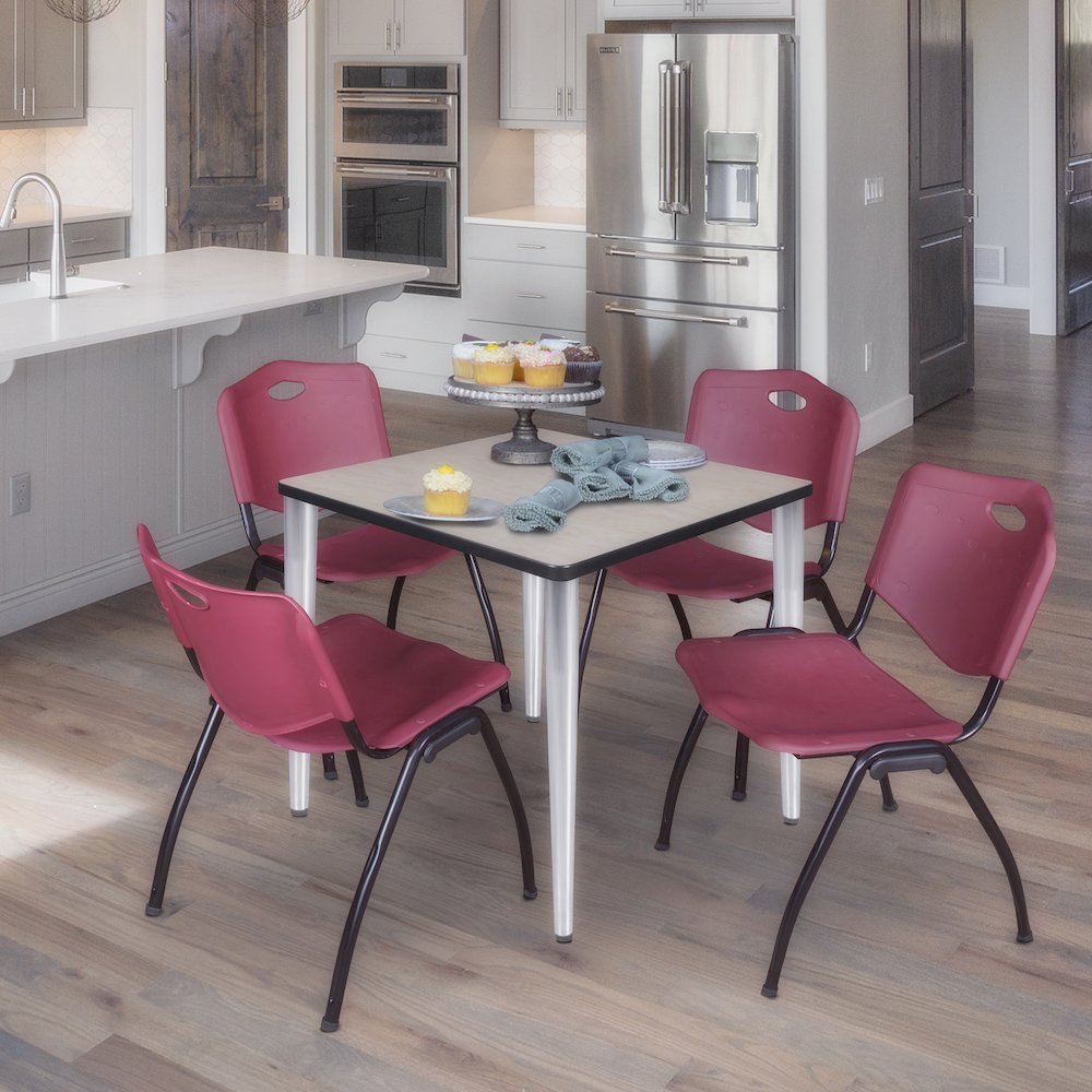30 Square Breakroom Table- Maple Top, Chrome Base & 4 M Stack Chairs- Burgundy. Picture 9