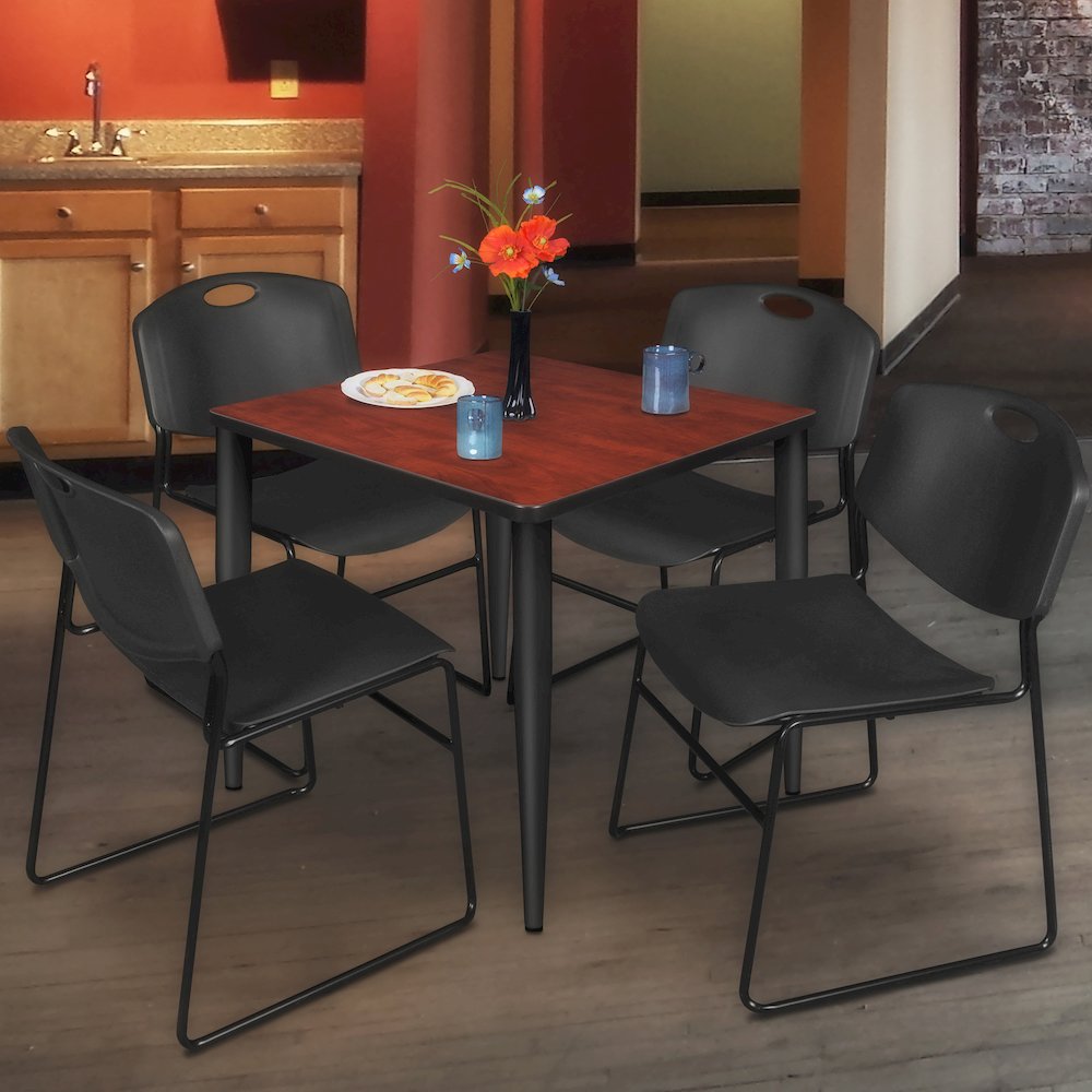 36 Square Breakroom Table- Cherry Top, Black Base & 4 Zeng Stack Chairs- Black. Picture 9