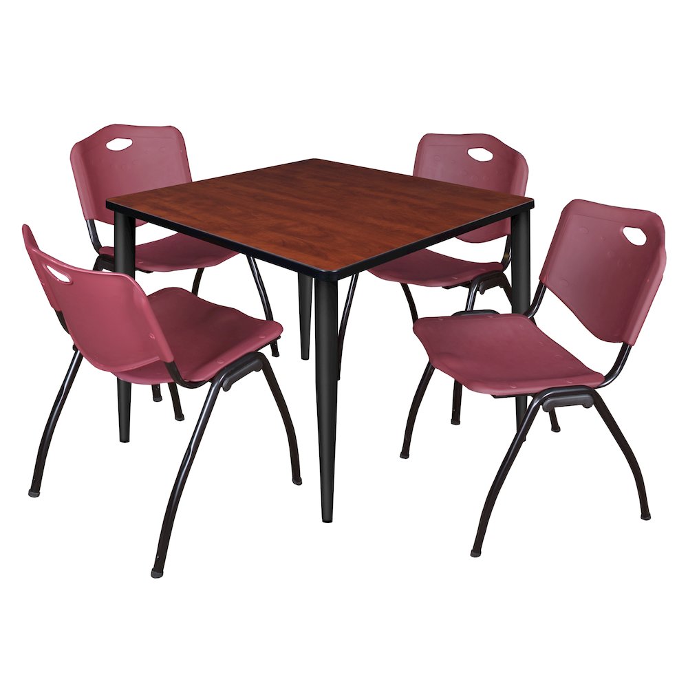 36 Square Breakroom Table- Cherry Top, Black Base & 4 M Stack Chairs- Burgundy. Picture 1