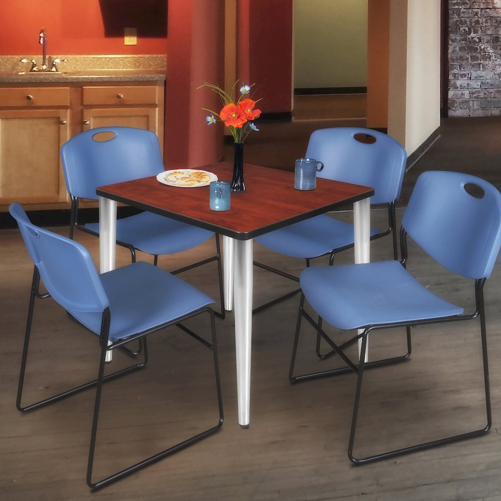 36 Square Breakroom Table- Cherry Top, Chrome Base & 4 Zeng Stack Chairs- Blue. Picture 9