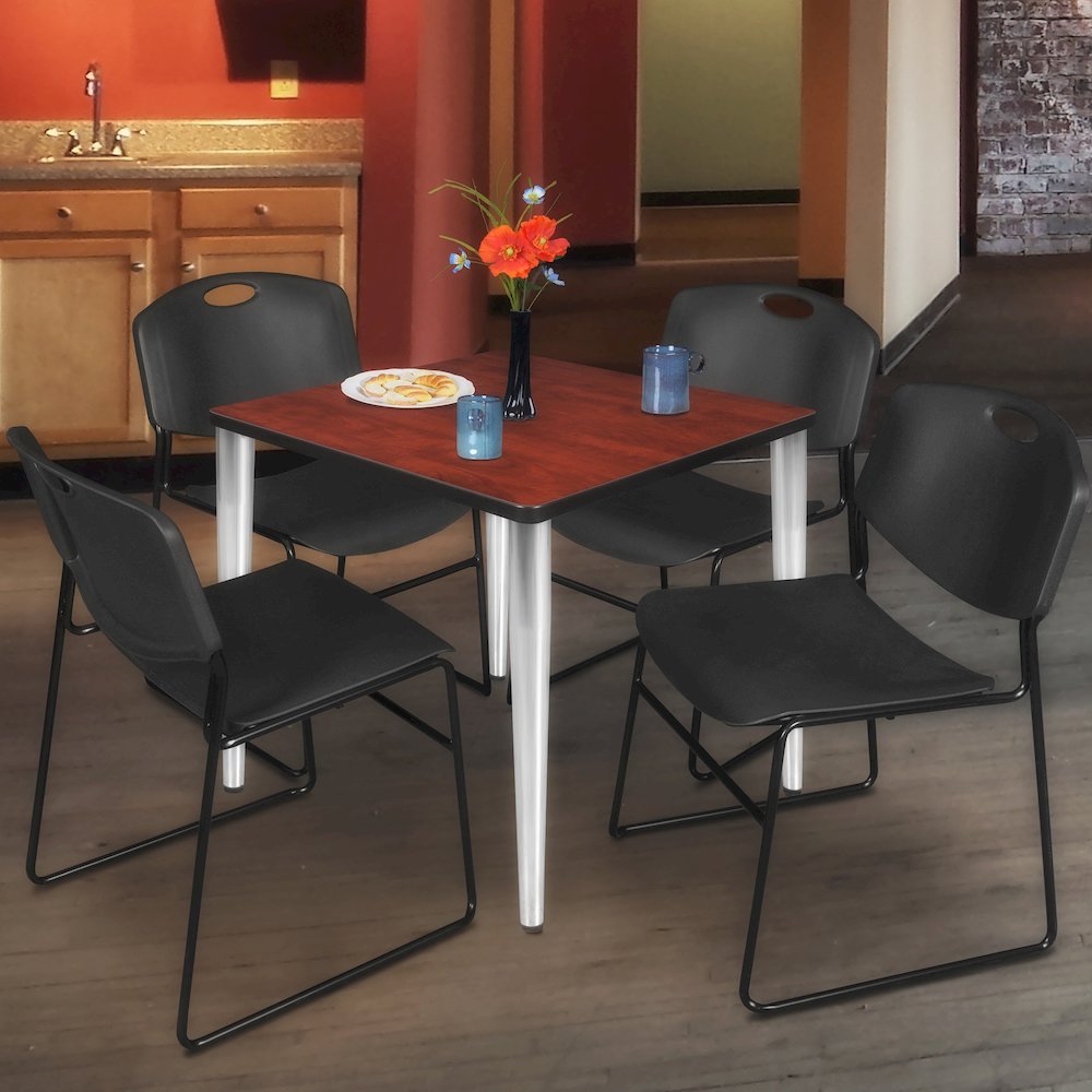 36 Square Breakroom Table- Cherry Top, Chrome Base & 4 Zeng Stack Chairs- Black. Picture 9