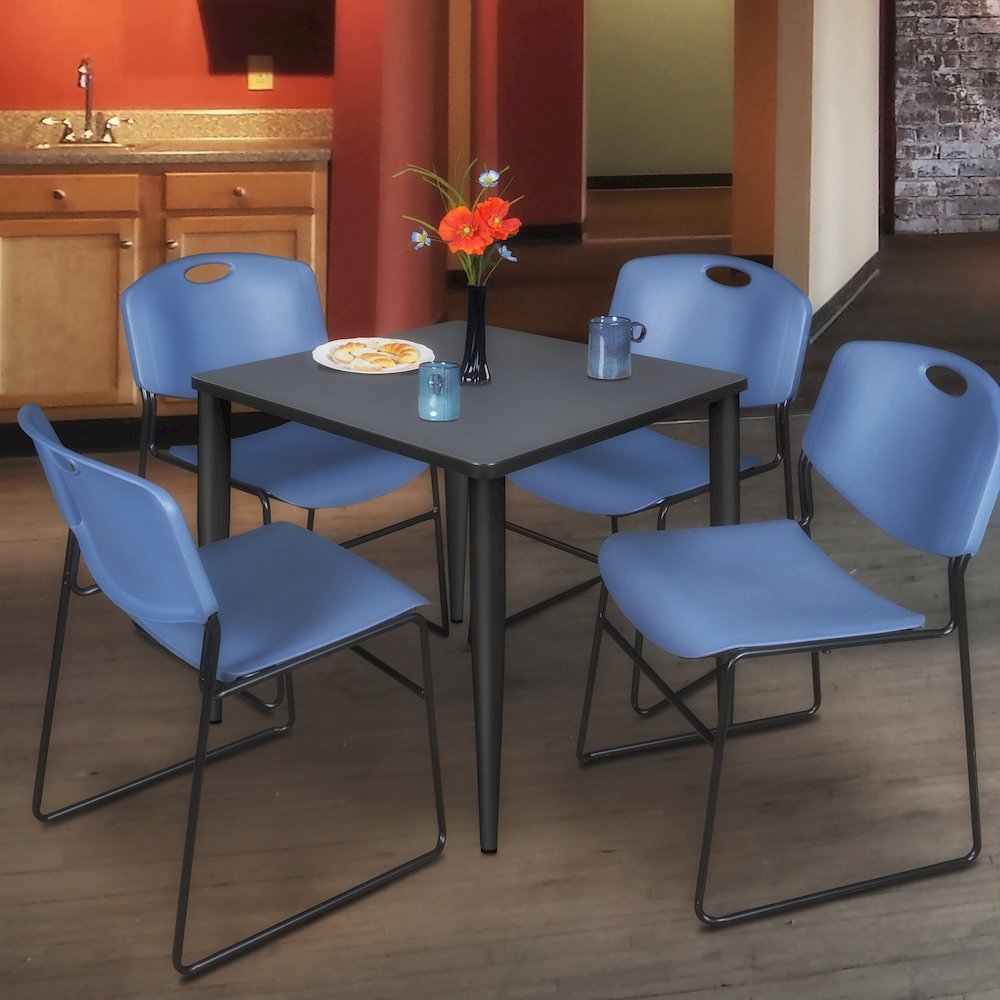 36 in. Square Breakroom Table- Grey Top, Black Base & 4 Zeng Stack Chairs- Blue. Picture 9