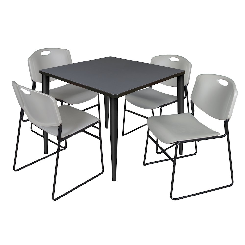 36 in. Square Breakroom Table- Grey Top, Black Base & 4 Zeng Stack Chairs- Grey. Picture 1