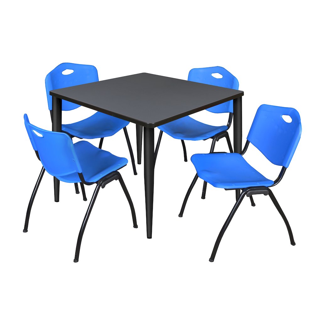 36 in. Square Breakroom Table- Grey Top, Black Base & 4 M Stack Chairs- Blue. Picture 1