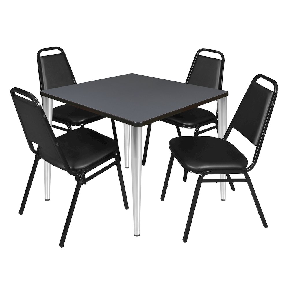 36 Square Breakroom Table- Grey Top, Chrome Base & 4 Stack Chairs- Black. Picture 1