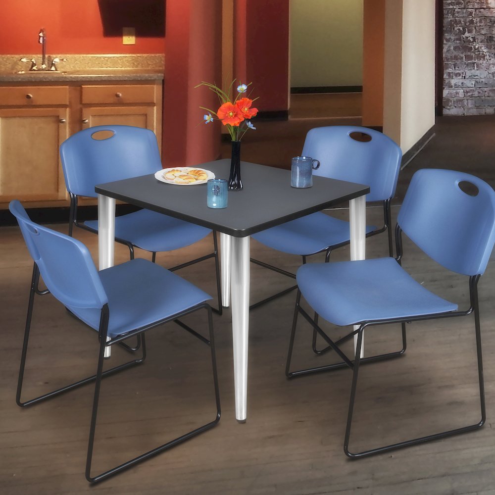 36 in. Square Breakroom Table- Grey Top, Chrome Base & 4 Zeng Stack Chairs- Blue. Picture 9