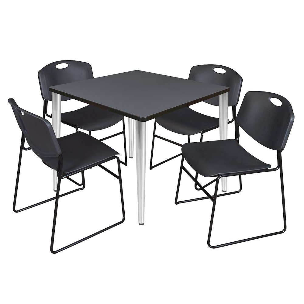 36 Square Breakroom Table- Grey Top, Chrome Base & 4 Zeng Stack Chairs- Black. Picture 1