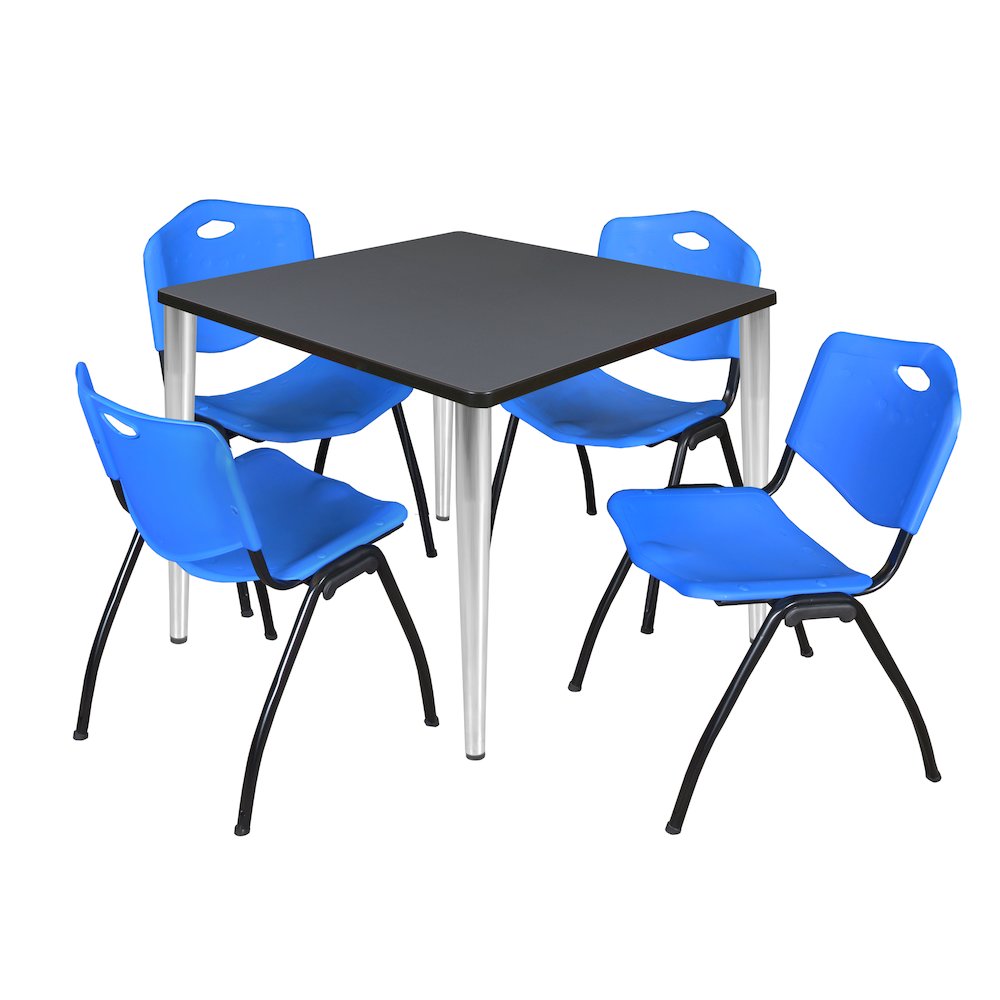 36 in. Square Breakroom Table- Grey Top, Chrome Base & 4 M Stack Chairs- Blue. Picture 1