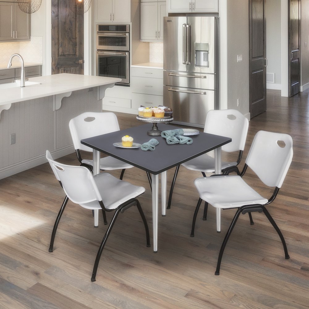 36 in. Square Breakroom Table- Grey Top, Chrome Base & 4 M Stack Chairs- Grey. Picture 9