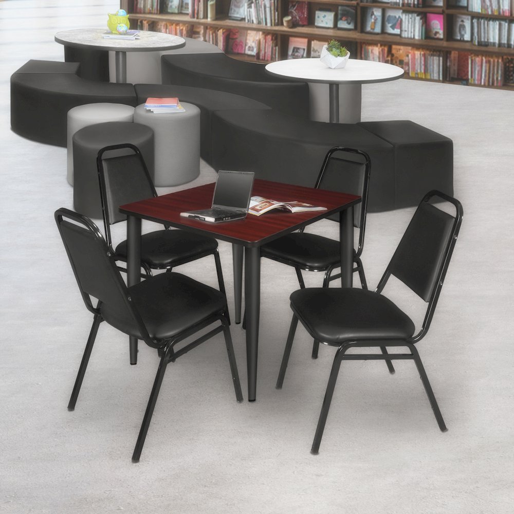 36 Square Breakroom Table- Mahogany Top, Black Base & 4 Stack Chairs- Black. Picture 9