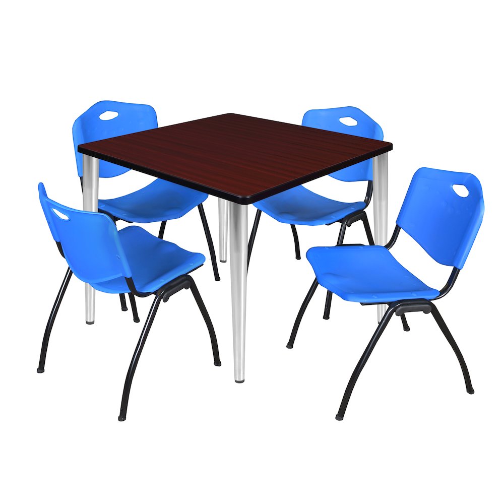 36 in. Square Breakroom Table- Mahogany Top, Black Base & 4 M Stack Chairs- Blue. Picture 1