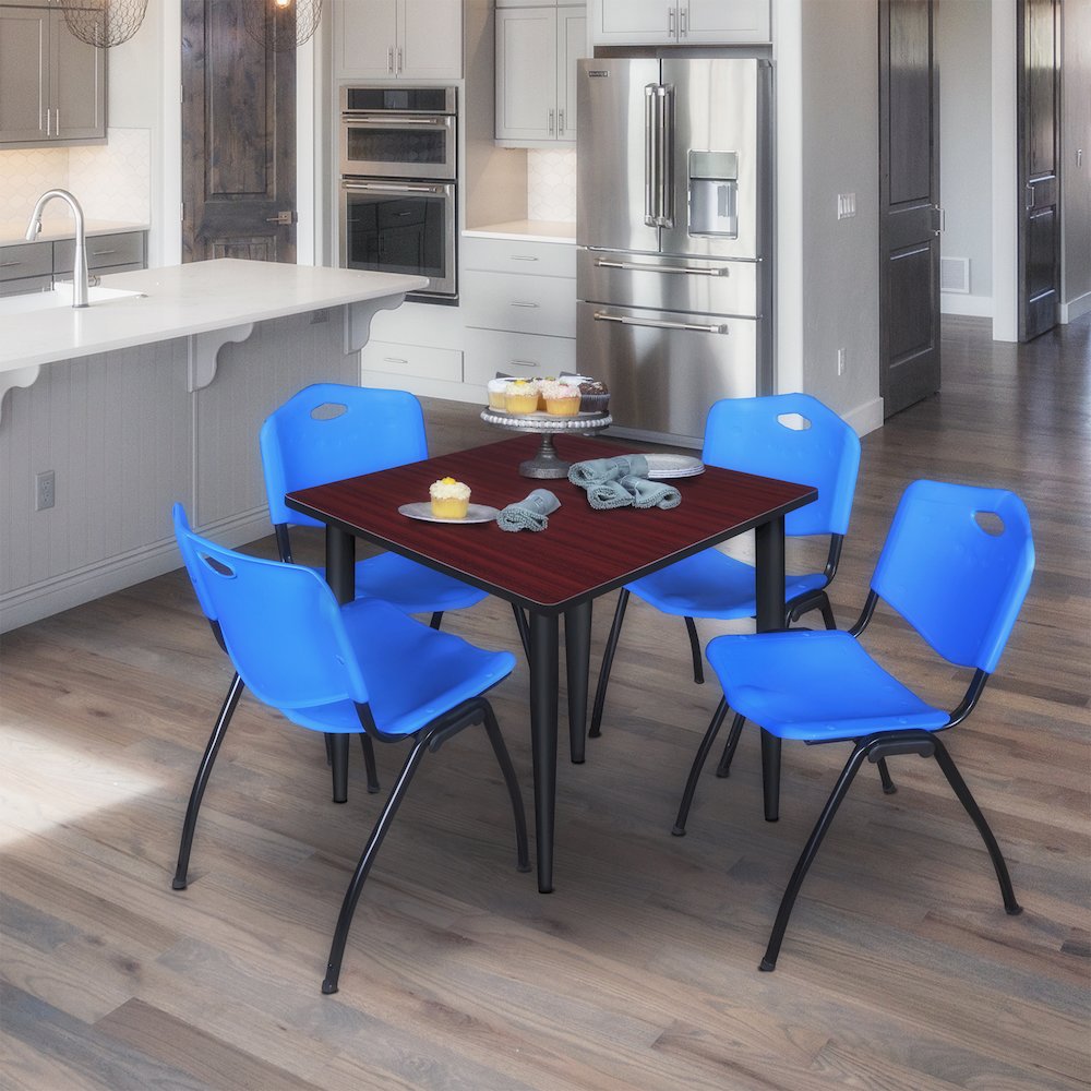 36 in. Square Breakroom Table- Mahogany Top, Black Base & 4 M Stack Chairs- Blue. Picture 9