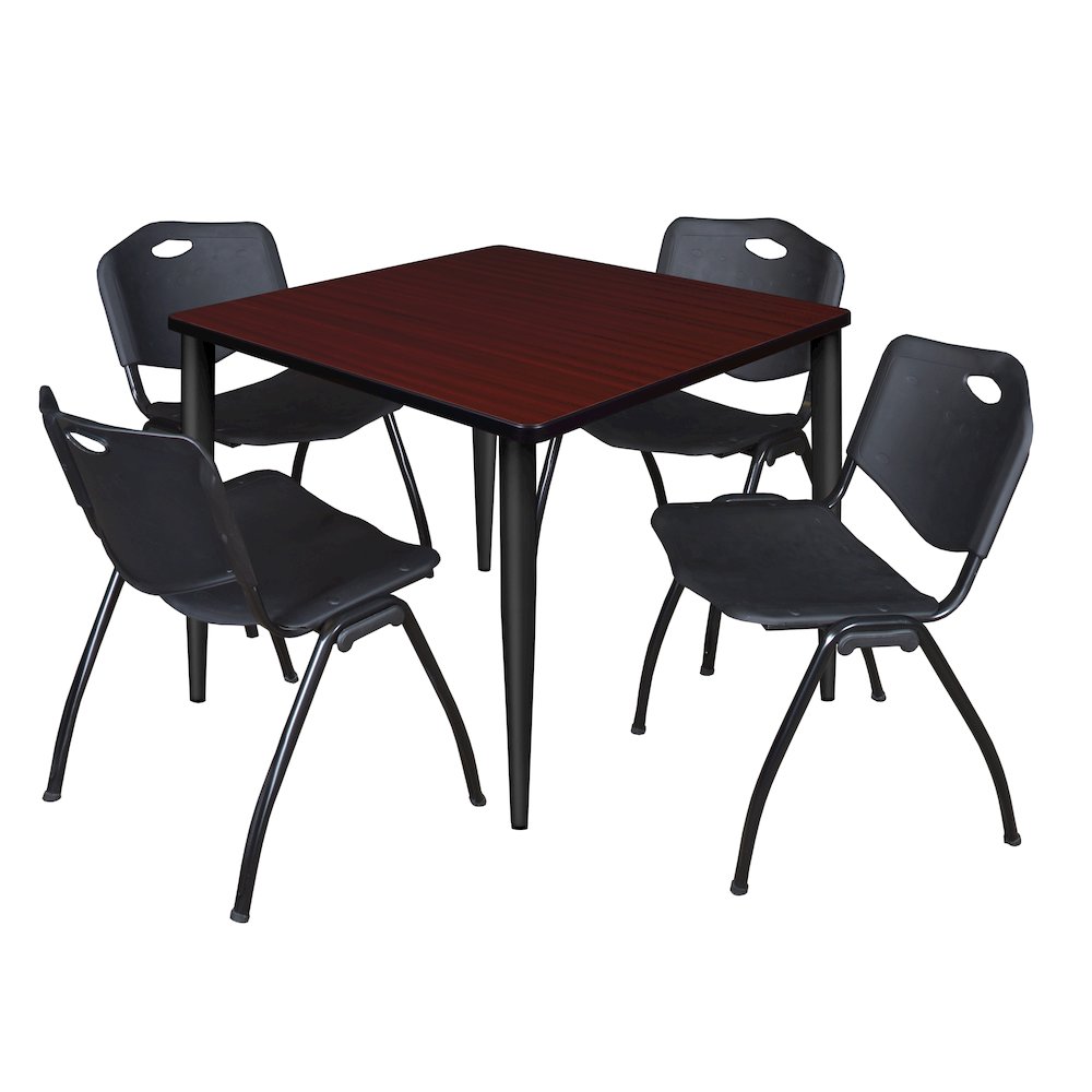 36 Square Breakroom Table- Mahogany Top, Black Base & 4 M Stack Chairs- Black. Picture 1