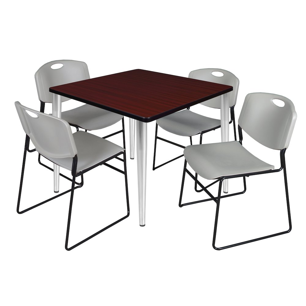 36 Square Breakroom Table- Mahogany Top, Chrome Base & 4 Zeng Stack Chairs- Grey. Picture 1