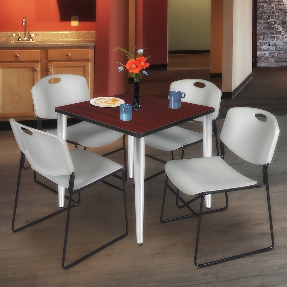 36 Square Breakroom Table- Mahogany Top, Chrome Base & 4 Zeng Stack Chairs- Grey. Picture 9