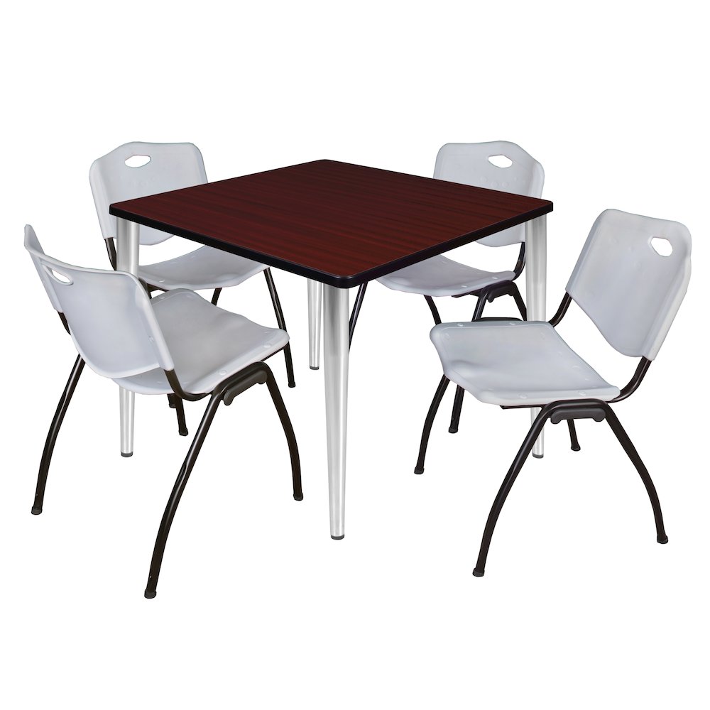 36 Square Breakroom Table- Mahogany Top, Chrome Base & 4 M Stack Chairs- Grey. Picture 1