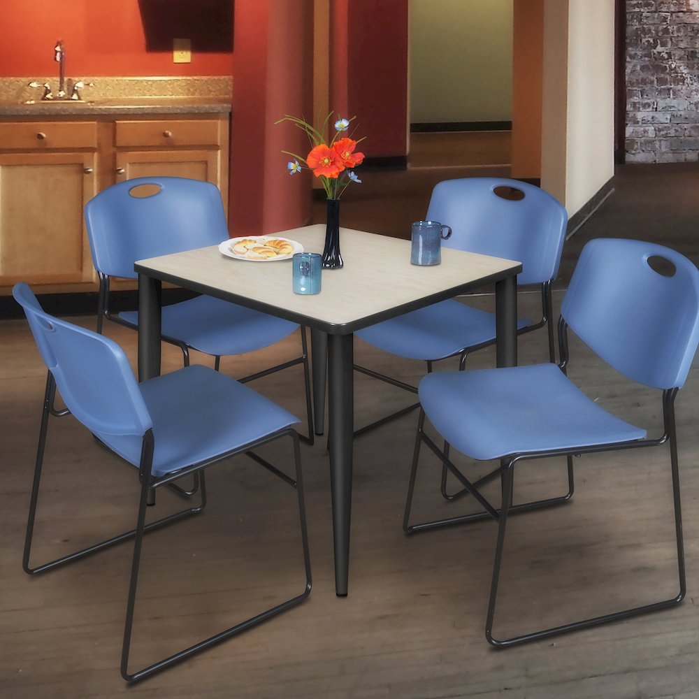 36 in. Square Breakroom Table- Maple Top, Black Base & 4 Zeng Stack Chairs- Blue. Picture 9