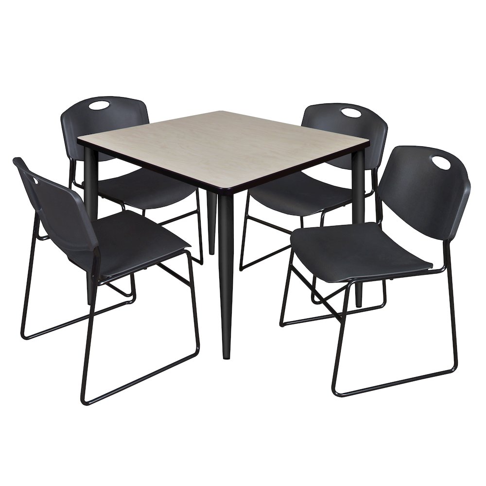 36 Square Breakroom Table- Maple Top, Black Base & 4 Zeng Stack Chairs- Black. Picture 1