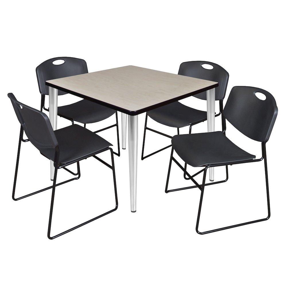 36 Square Breakroom Table- Maple Top, Chrome Base & 4 Zeng Stack Chairs- Black. Picture 1