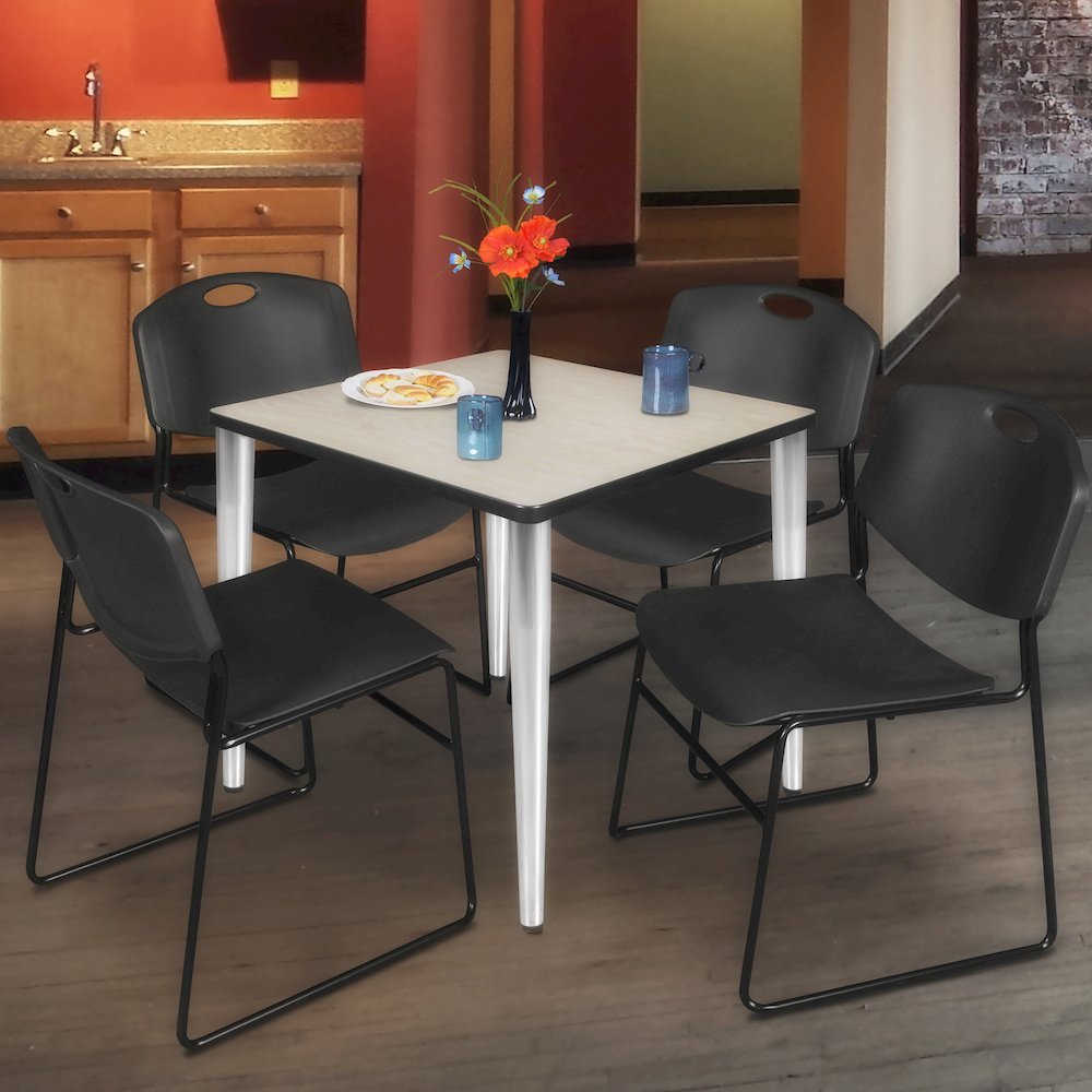 36 Square Breakroom Table- Maple Top, Chrome Base & 4 Zeng Stack Chairs- Black. Picture 9