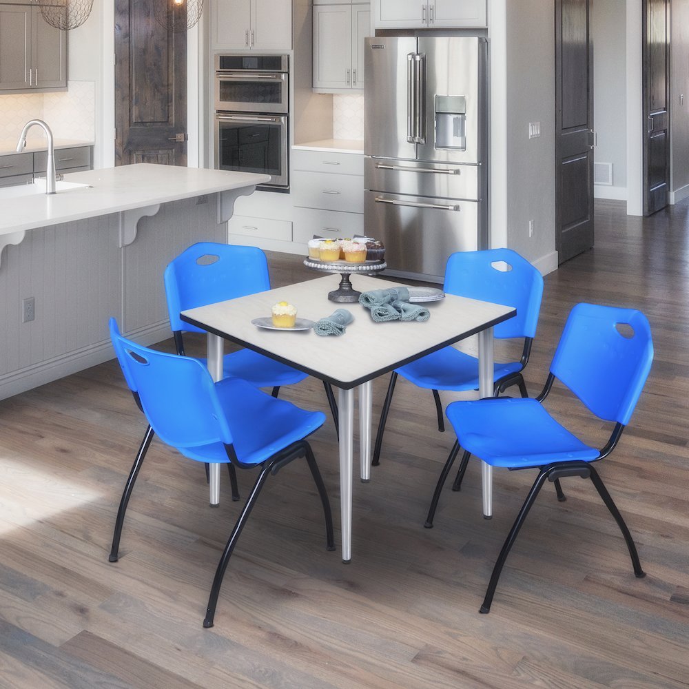36 in. Square Breakroom Table- Maple Top, Chrome Base & 4 M Stack Chairs- Blue. Picture 9