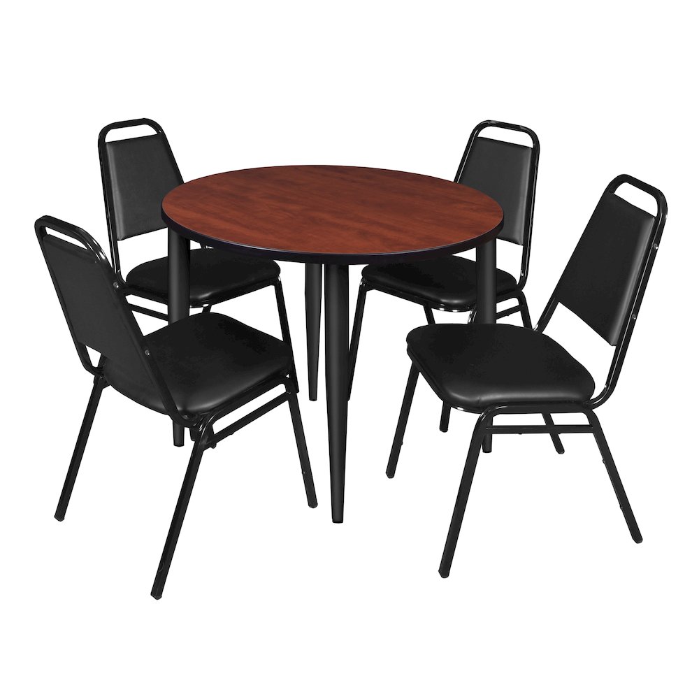 36 Round Breakroom Table- Cherry Top, Black Base & 4 Stack Chairs- Black. Picture 1