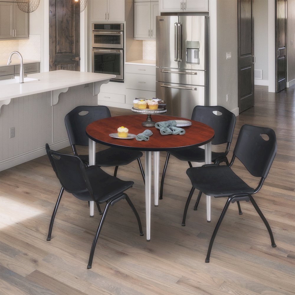 36 in. Round Breakroom Table- Cherry Top, Chrome Base & 4 M Stack Chairs- Black. Picture 8
