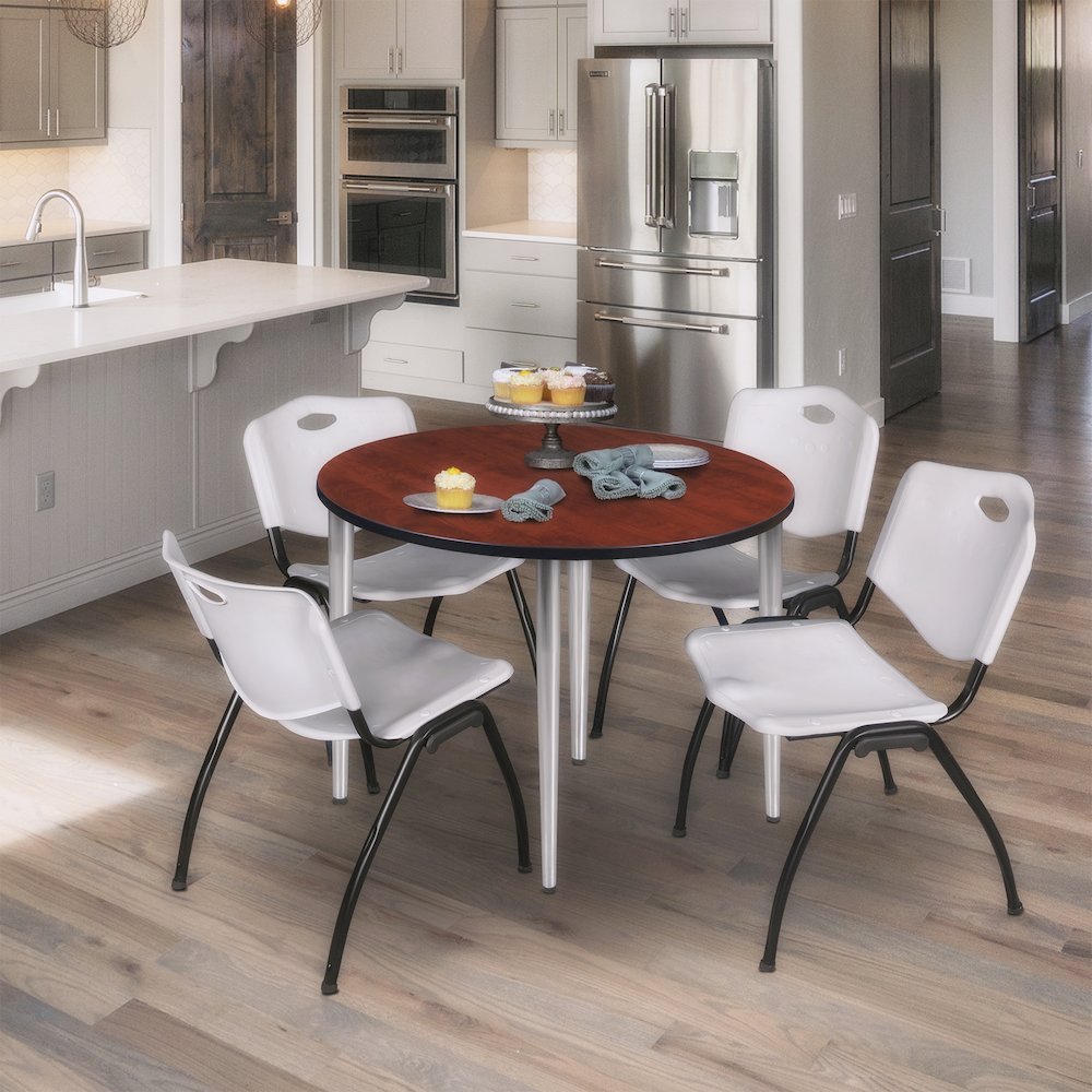 36 in. Round Breakroom Table- Cherry Top, Chrome Base & 4 M Stack Chairs- Grey. Picture 8