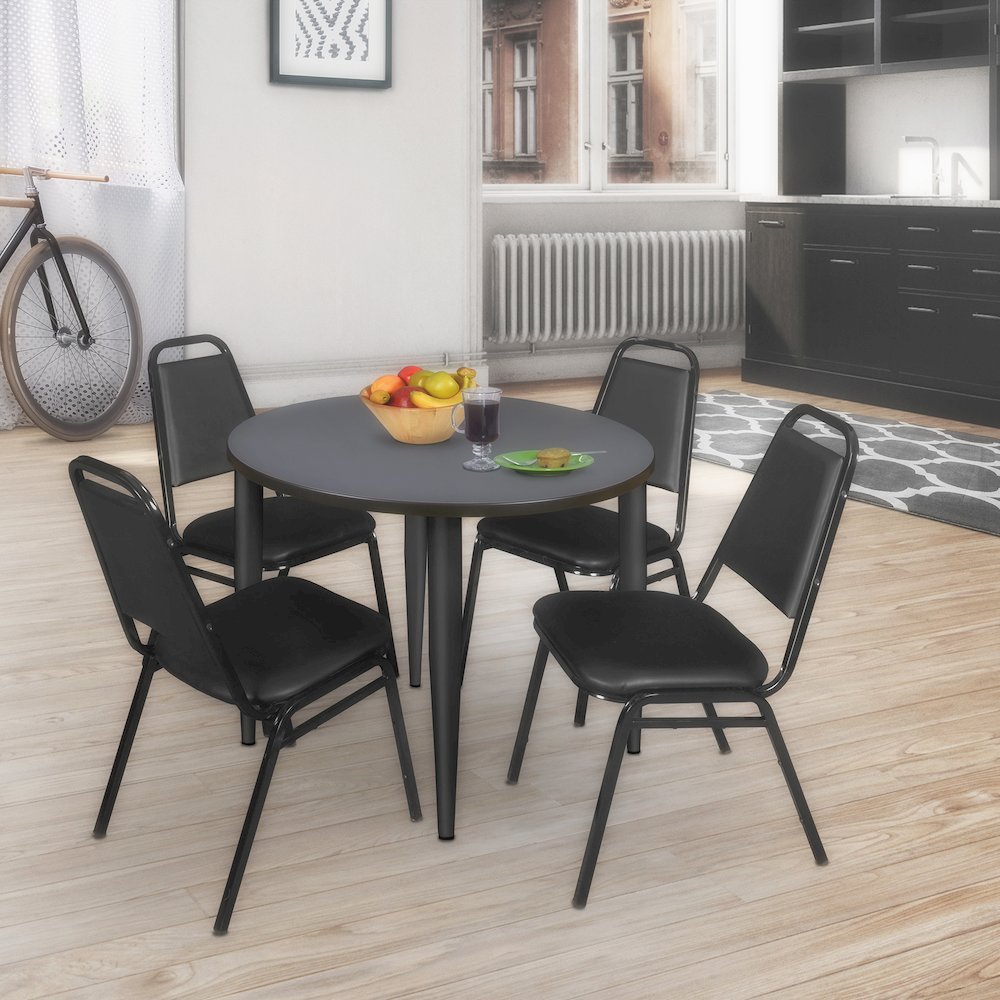 36 Round Breakroom Table- Grey Top, Black Base & 4 Stack Chairs- Black. Picture 8
