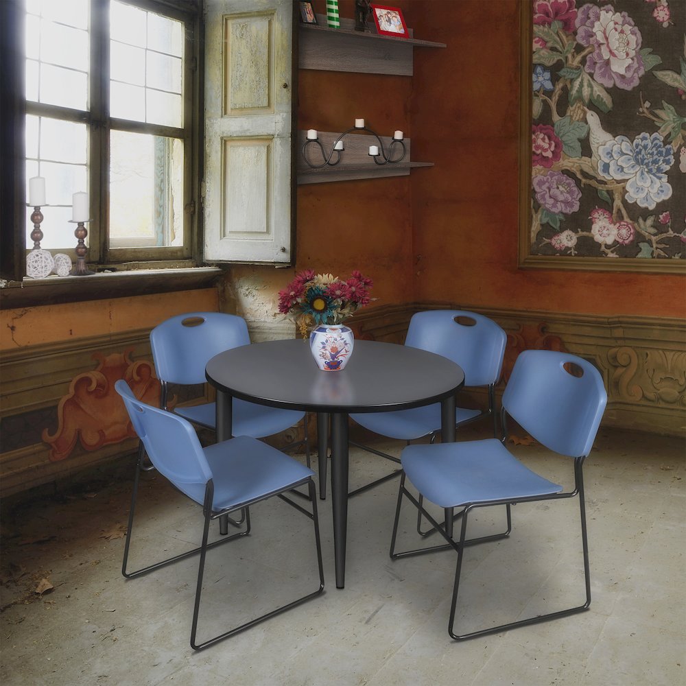 36 in. Round Breakroom Table- Grey Top, Black Base & 4 Zeng Stack Chairs- Blue. Picture 8