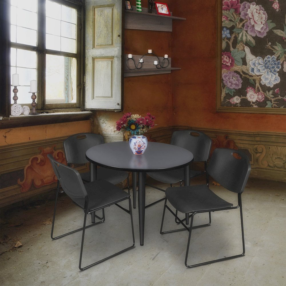 36 in. Round Breakroom Table- Grey Top, Black Base & 4 Zeng Stack Chairs- Black. Picture 8