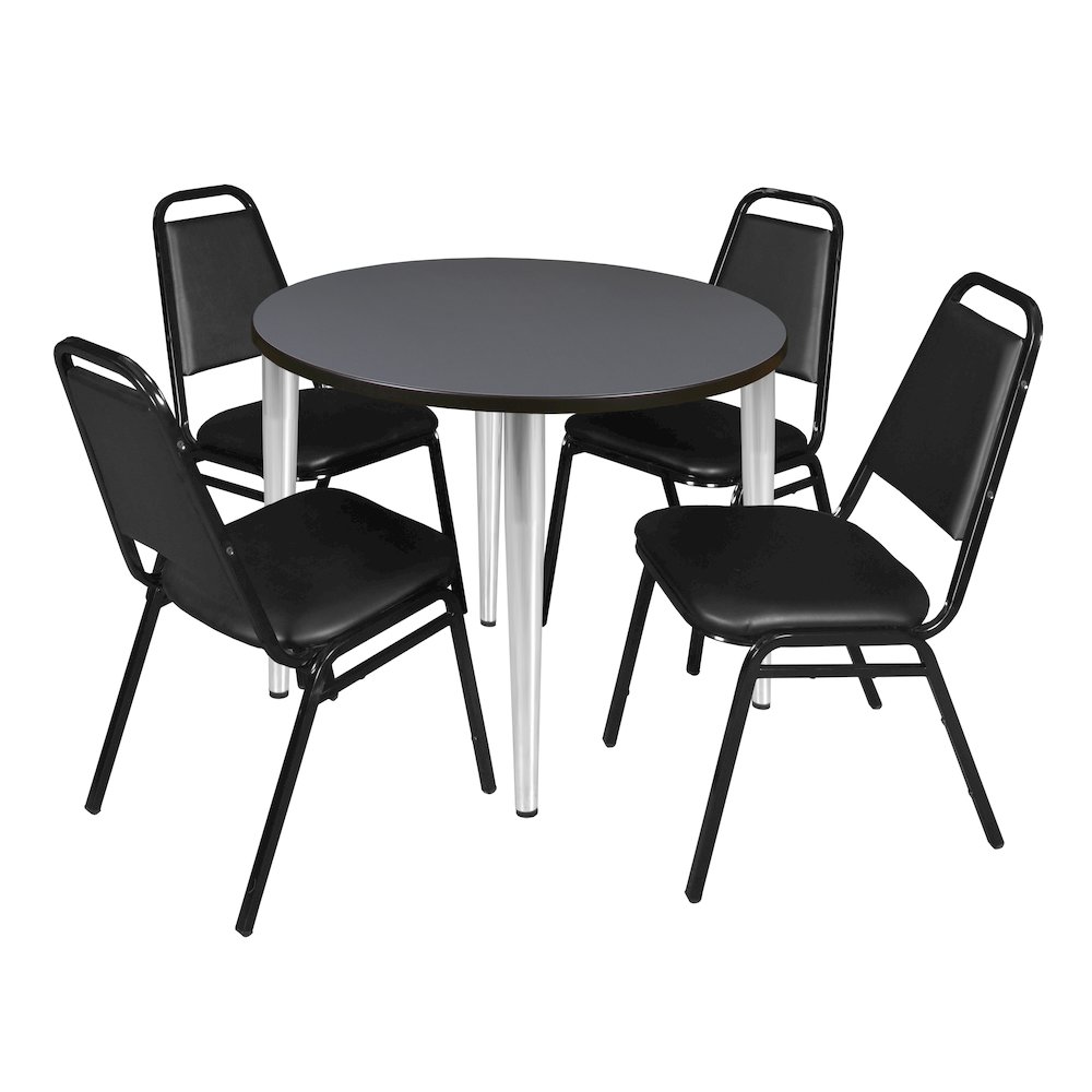 36 Round Breakroom Table- Grey Top, Chrome Base & 4 Stack Chairs- Black. Picture 1