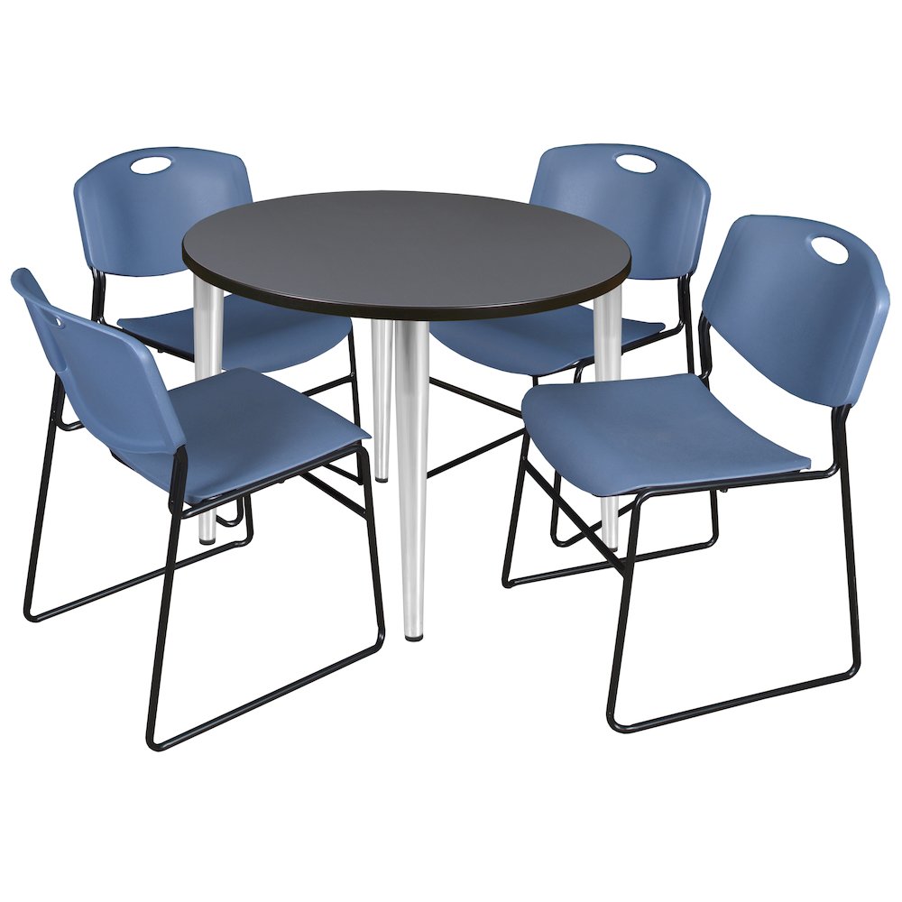 36 in. Round Breakroom Table- Grey Top, Chrome Base & 4 Zeng Stack Chairs- Blue. Picture 1