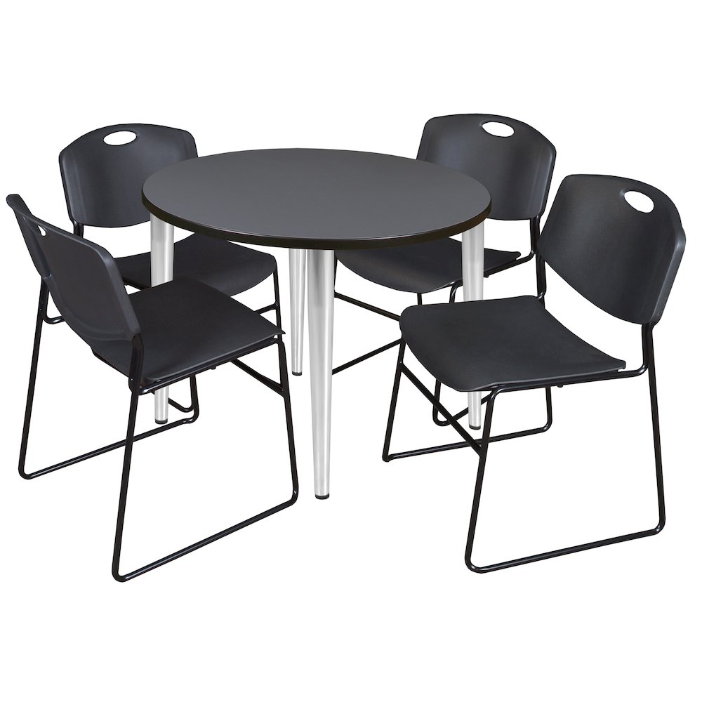 36 in. Round Breakroom Table- Grey Top, Chrome Base & 4 Zeng Stack Chairs- Black. Picture 1