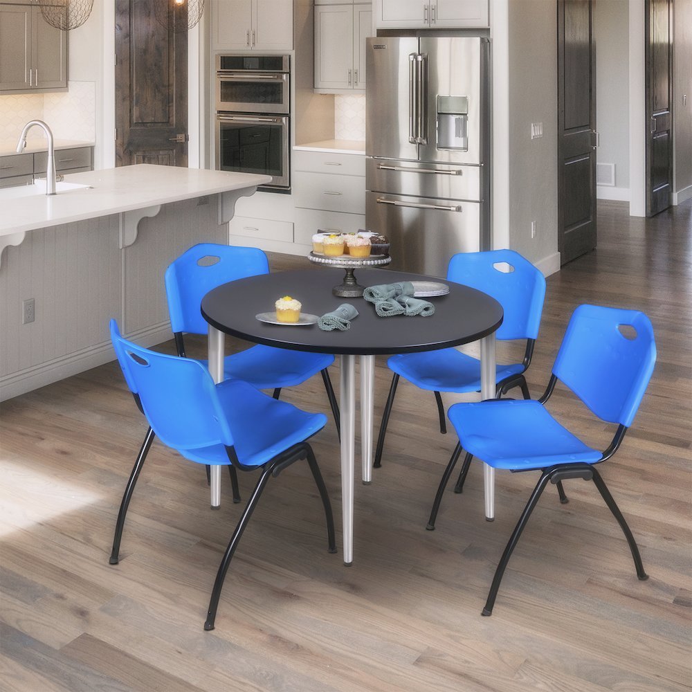 36 in. Round Breakroom Table- Grey Top, Chrome Base & 4 M Stack Chairs- Blue. Picture 8