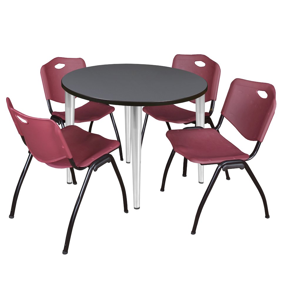 36 in. Round Breakroom Table- Grey Top, Chrome Base & 4 M Stack Chairs- Burgundy. Picture 1