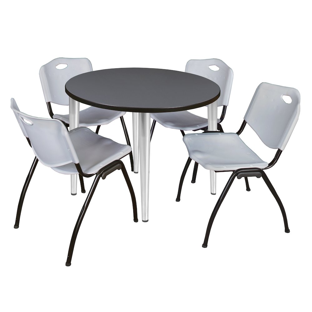36 in. Round Breakroom Table- Grey Top, Chrome Base & 4 M Stack Chairs- Grey. Picture 1