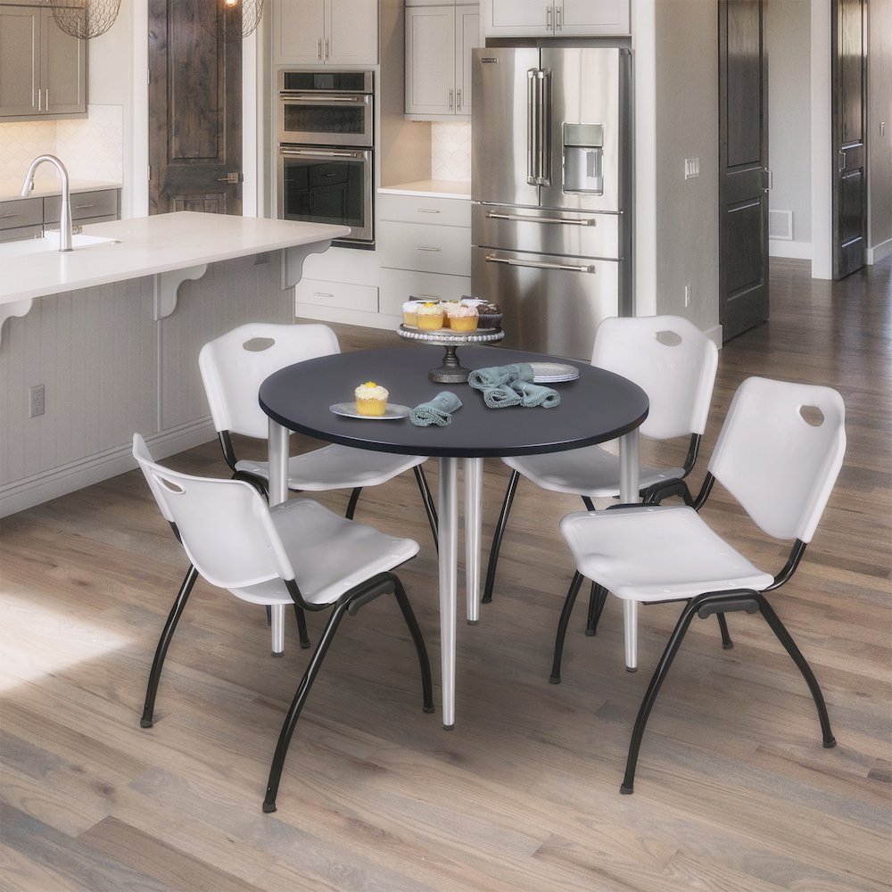 36 in. Round Breakroom Table- Grey Top, Chrome Base & 4 M Stack Chairs- Grey. Picture 8