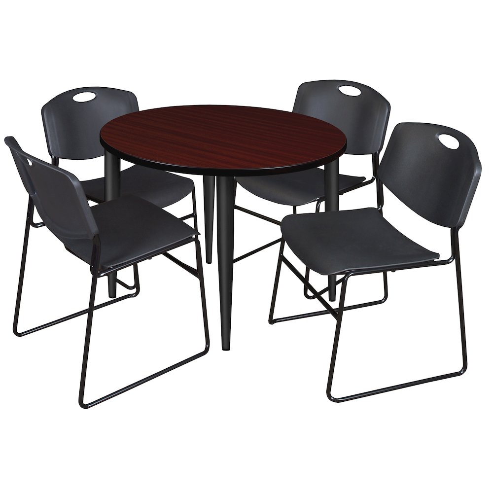 36 Round Breakroom Table- Mahogany Top, Black Base & 4 Zeng Stack Chairs- Black. Picture 1